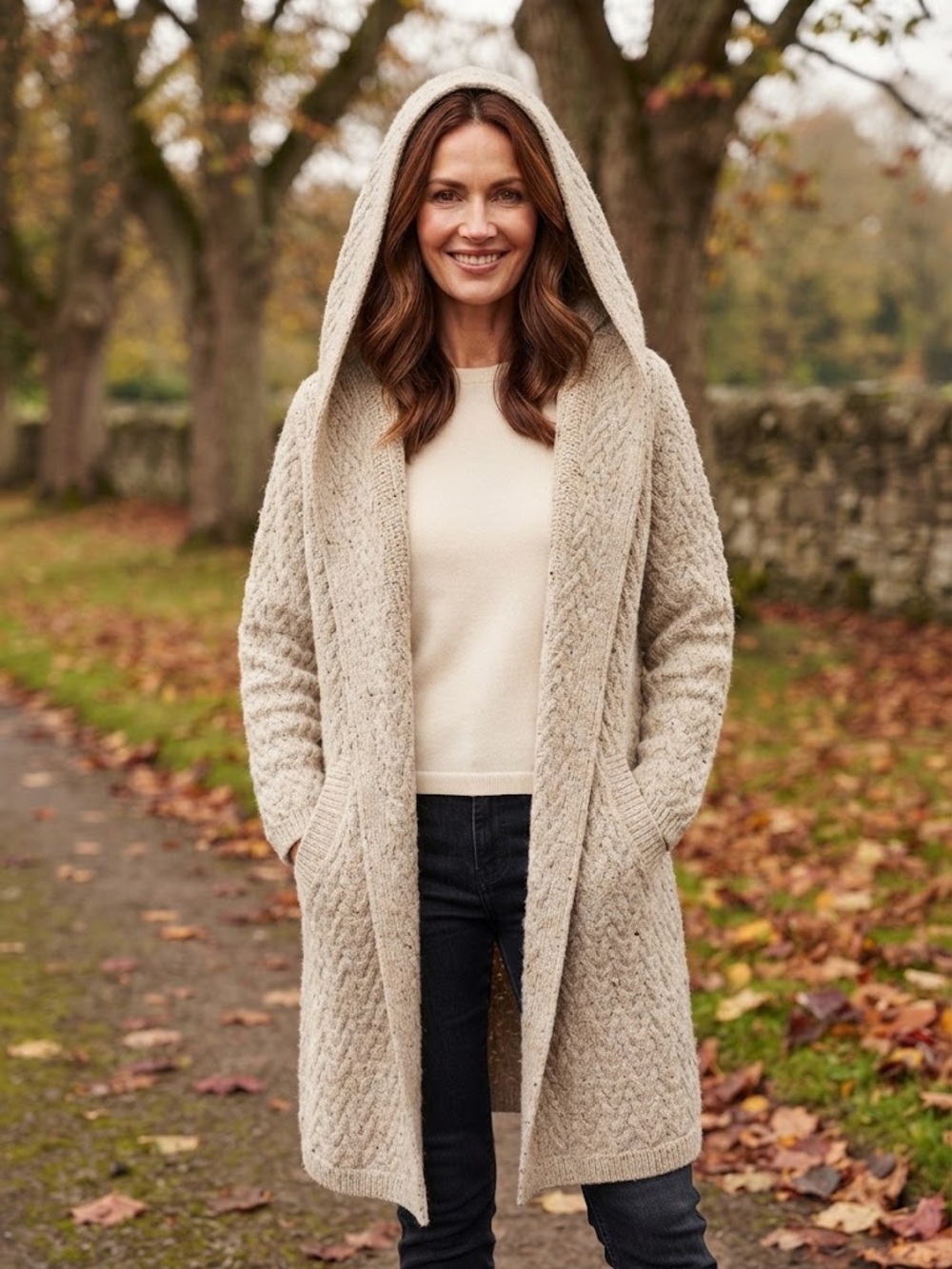 Aran Mor Ireland 100% Merino Wool Hooded Cable Knit Open Cardigan Sweater - #300